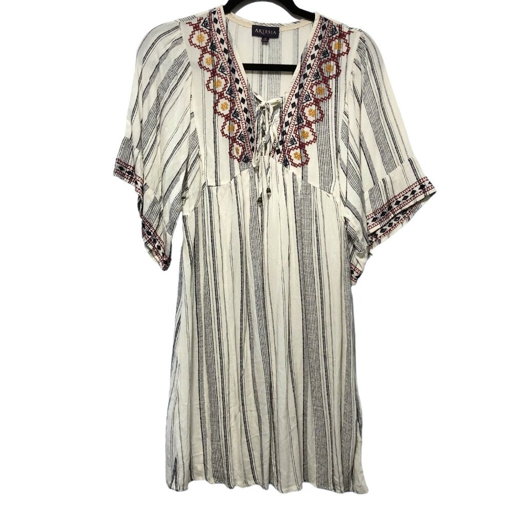Artesia Boho Aztec Stripes Embroidered V-Neck Lace Short Sleeve Dress XS